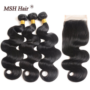 MSH Hair Brazilian Body Wave Human Hair Weave Bundles With 4*4 Lace Closure 130% Density Non Remy